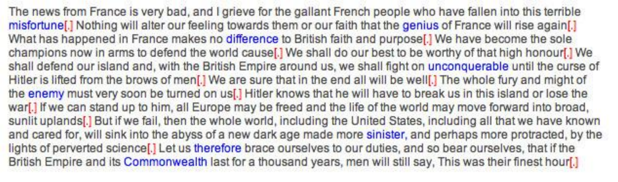 Paragraph of Churchill speech with words of three or more syllables are in blue